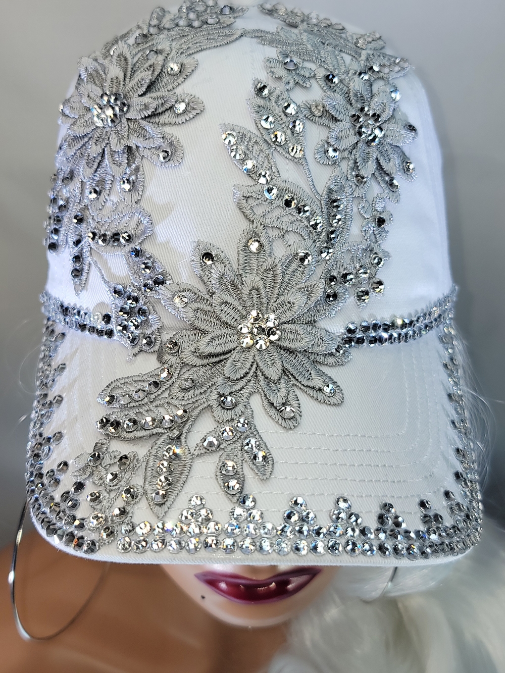 Embellished White Floral Rhinestone Baseball Cap - Picture 7 of 11